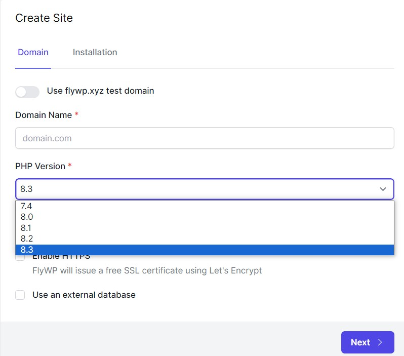 Changing the PHP version