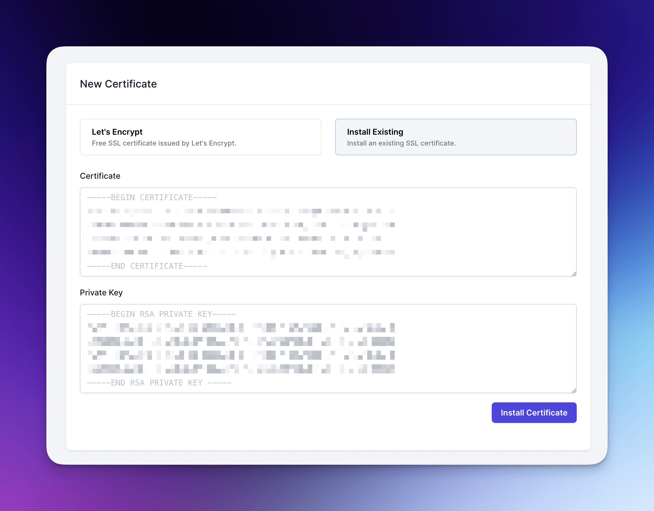 FlyWP Custom SSL installation interface with fields for pasting SSL certificate and private key